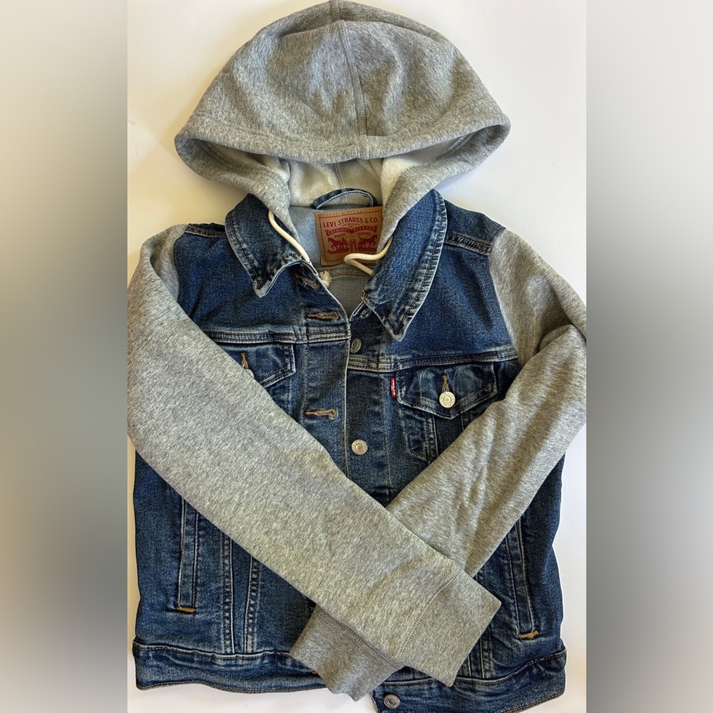 Women’s Levi's Blue and Gray Hybrid Trucker Jean Jacket (Size S)